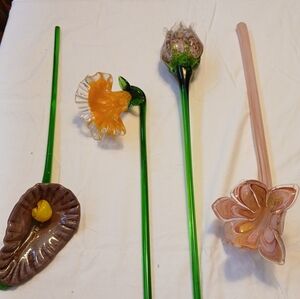 Murano Style Glass Floral Long  Stems - Green, Yellow, Pink,orange(4)12-17 Inche